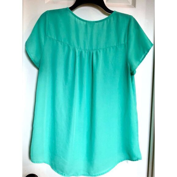 NEON SOUL - EUC - L Sz M Scoop Neck Cap Sleeve Pocket Blouse/Aqua 100% Polyester - Picture 5 of 11